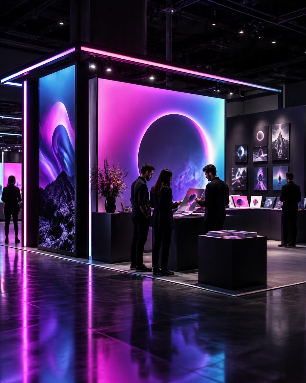Illuminated exhibition stall designed with bold brand graphics